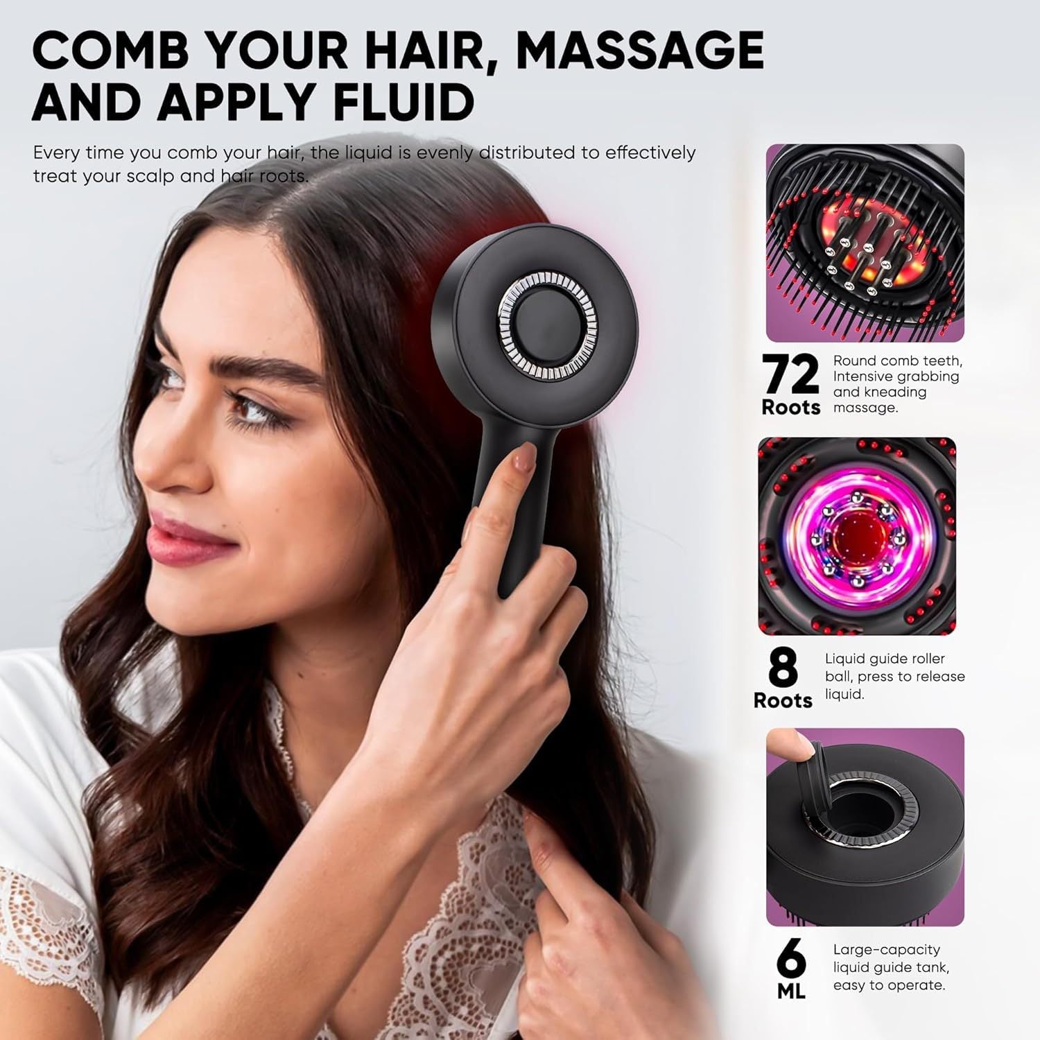 Woman using the dark graphite grey scalp massage brush